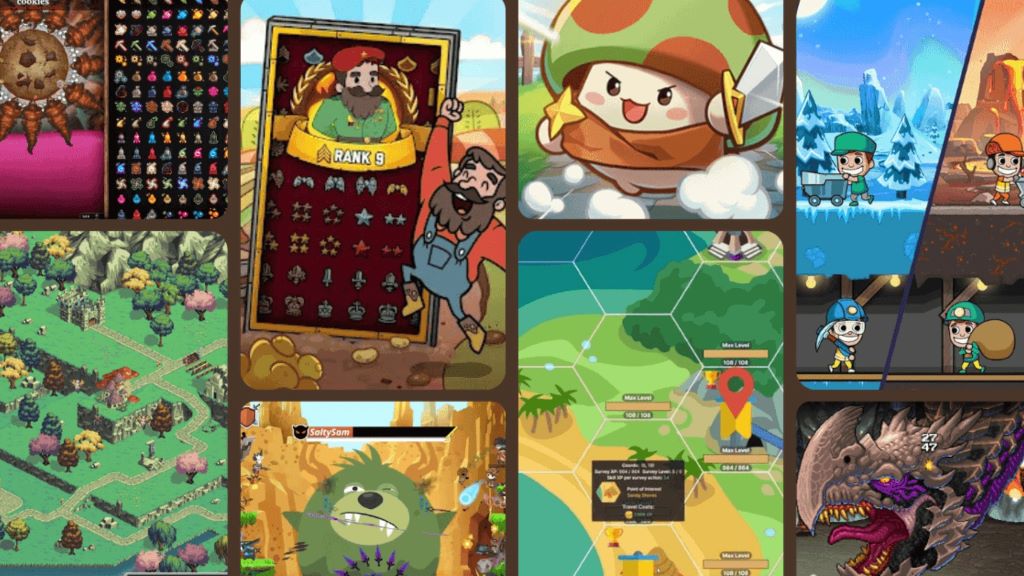Screenshot collage showing top idle games of 2025 with colorful characters and progress bars on screen