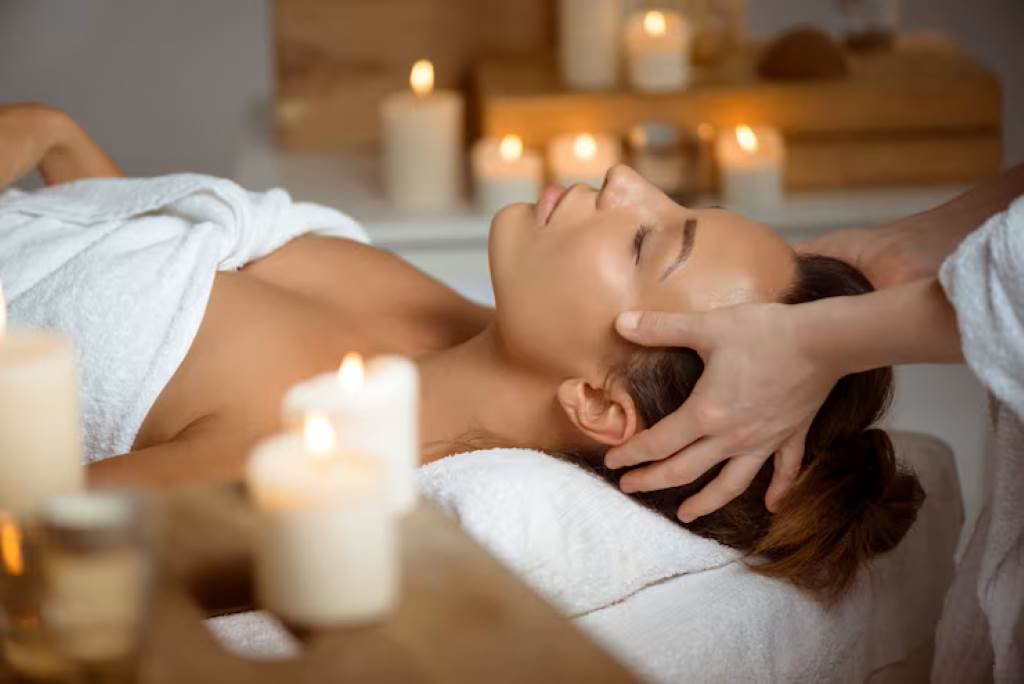 Woman enjoying a calming aromatherapy spa session before bedtime