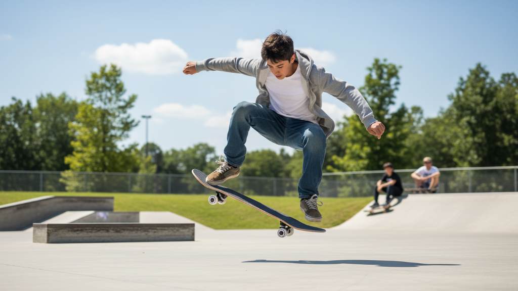 Beginner skater performing ollie trick on WhiteFang skateboard in outdoor park setting