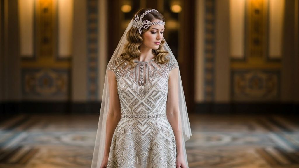 Bride wearing drop waist wedding gown with lowered waistline and Art Deco embellishments