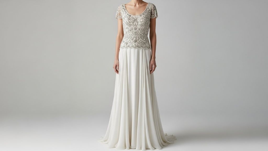 Elegant drop waist wedding dress with beaded bodice and flowing skirt in vintage 1920s style