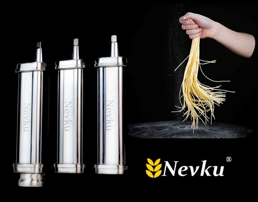 Close-up of Nevku pasta maker attachments showing roller and cutter parts in detail.