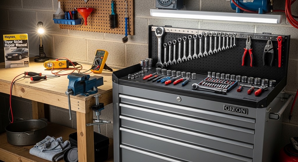 essential car repair tools setup inside home garage workspace