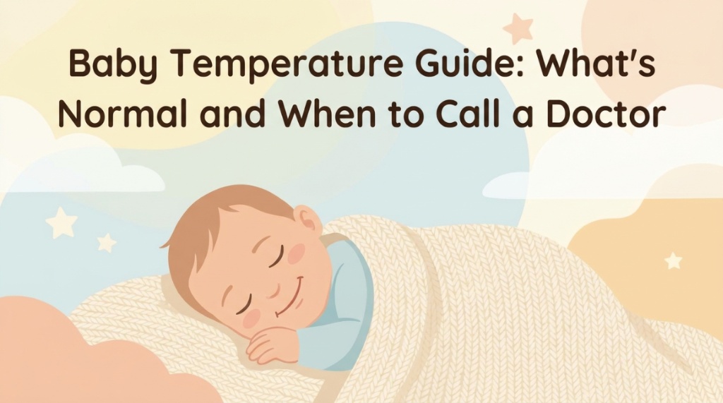 A sleeping baby under a blanket with the text baby temperature guide.