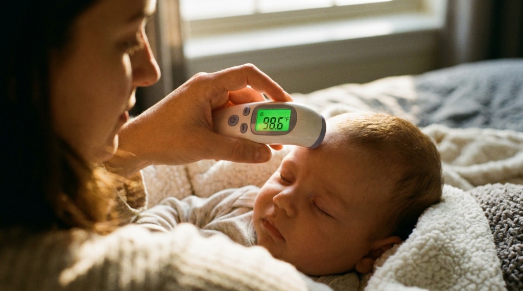 Mother using a digital forehead thermometer to check a calm baby's temperature.