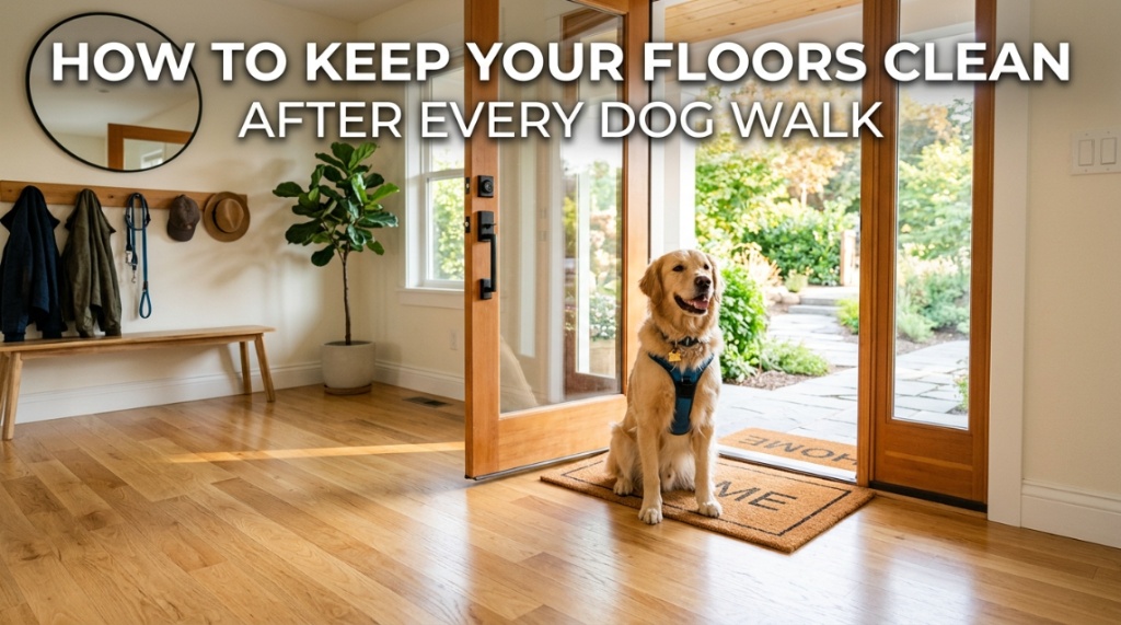 A golden retriever sitting on clean hardwood floors next to an open front door.