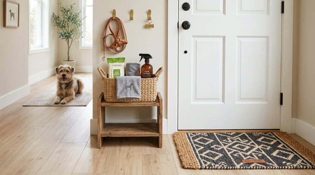 A doormat with a basket of dog wipes and towels on a clean floor.