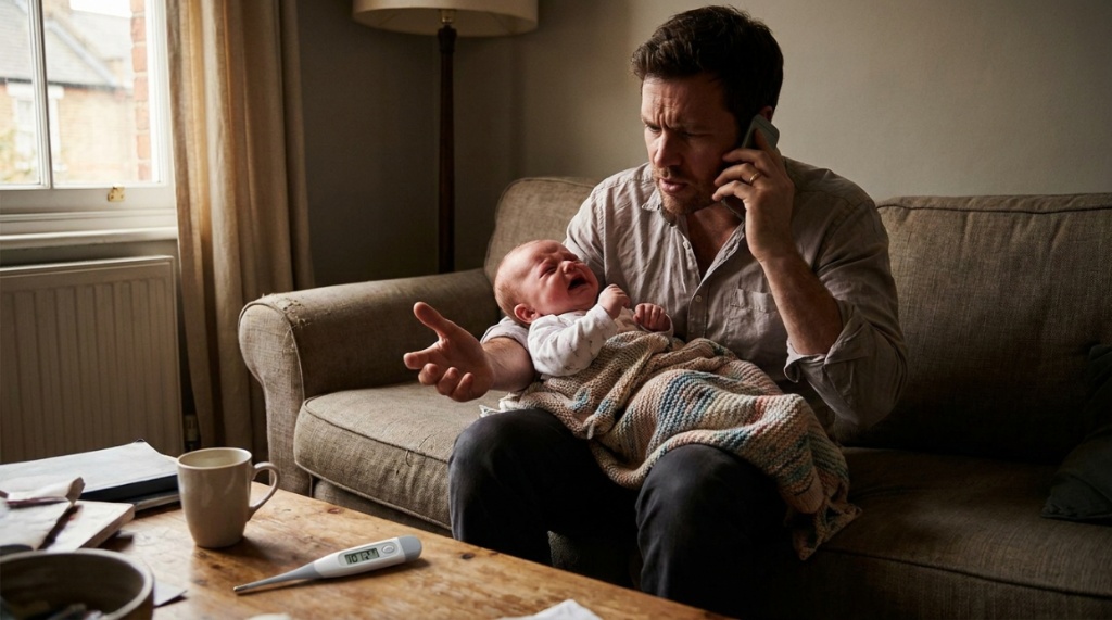 A worried father holding a crying baby while calling a doctor.