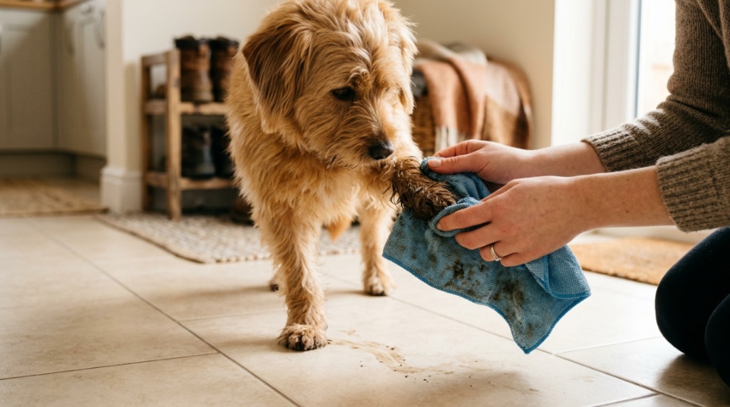A person wiping a dog's muddy paw with a cloth on tile flooring.