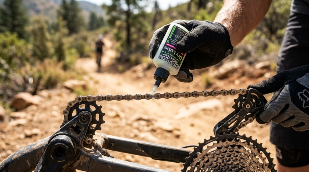 A cyclist applying dry chain lube to a mountain bike on a dusty trail.