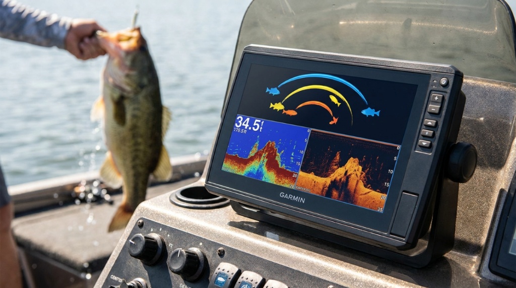 A premium fish finder screen displaying crisp color data and underwater terrain.