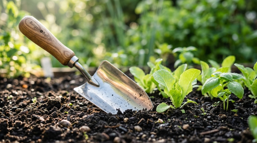 Close-up of a seamless weld on a durable stainless steel garden trowel.