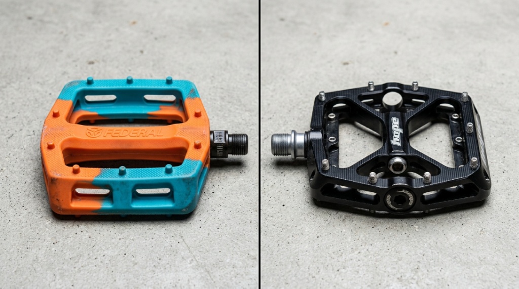 Side by side comparison of nylon composite and alloy metal bmx bike pedals on concrete.