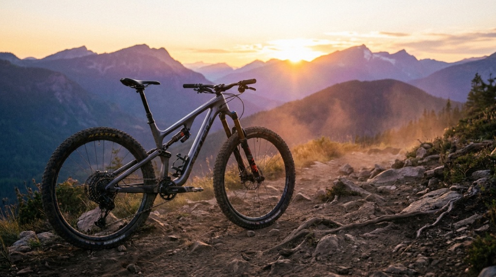 Cyclist navigating a steep rocky singletrack trail on a mountain bike.