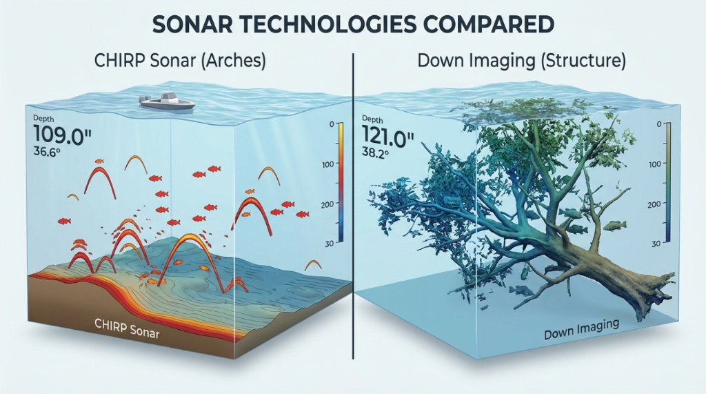 A split screen comparing traditional CHIRP sonar arches with detailed down imaging.