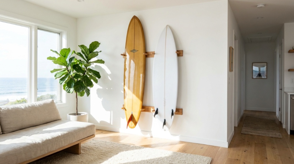 Two surfboards mounted vertically on a wooden wall rack in a bright living room.