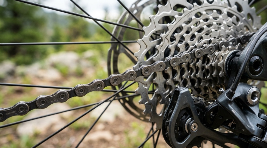 Close up shot of a clean mountain bike chain and gears.