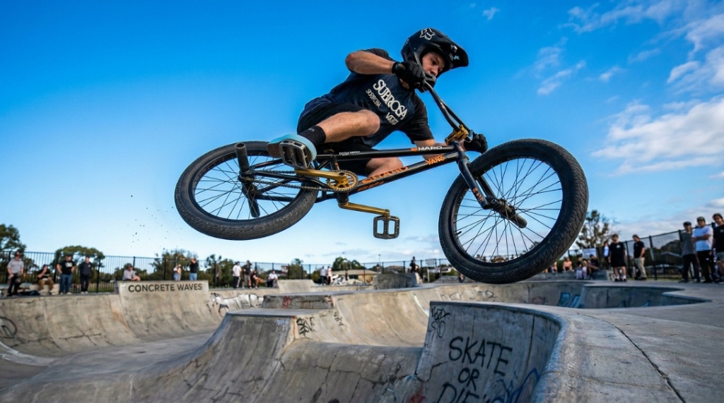 Action shot of bmx rider performing tailwhip trick showing pedal clearance in mid air.