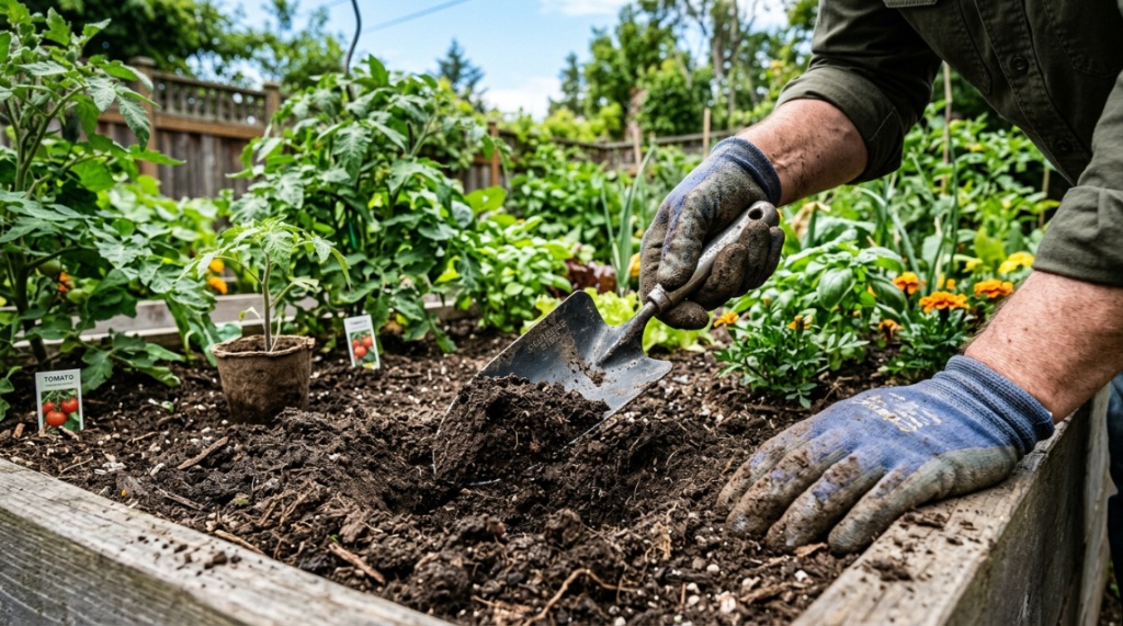 Stainless steel garden trowel resting on rich soil next to green seedlings.