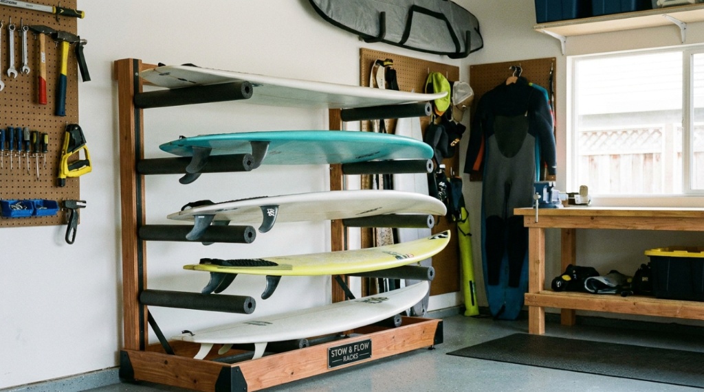 Four shortboards stored safely inside a professional vertical slot rack in a garage.