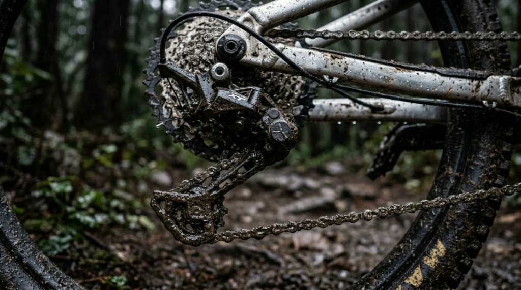 Close up of a lubricated mountain bike chain covered in mud and water.