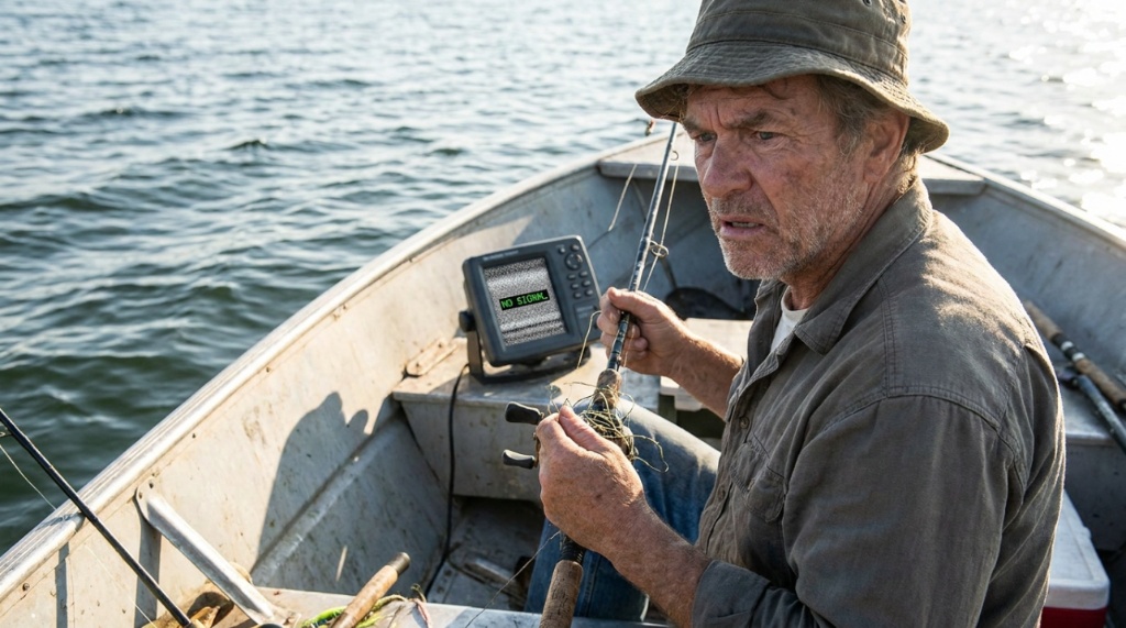 An angler looking confused at a blank fish finder screen on a boat.