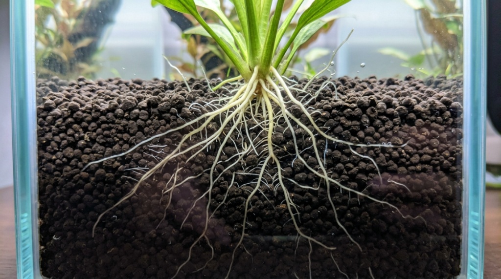 A vibrant low tech planted aquarium filled with dense green underwater plants.