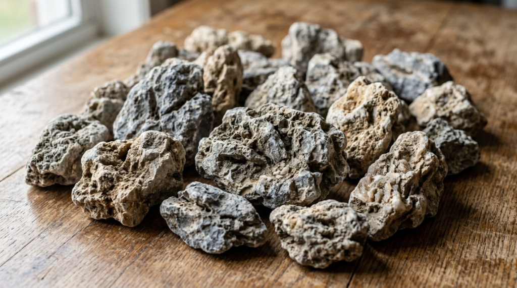 Close-up of textured natural limestone rocks used for budget aquascaping layouts.