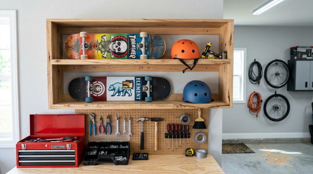 Two skateboards resting on floating wooden shelves in a clean, organized garage.