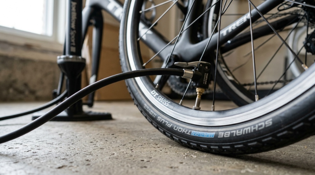 Cyclist inflating a rear tire on a gravel path next to evergreen trees.