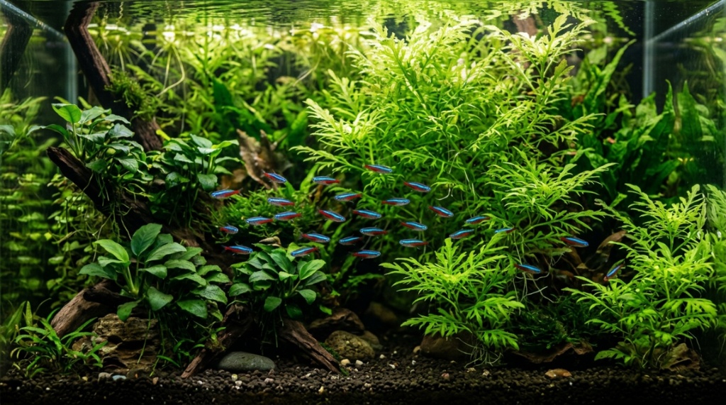 Healthy white roots of an underwater plant growing deep into dark substrate.