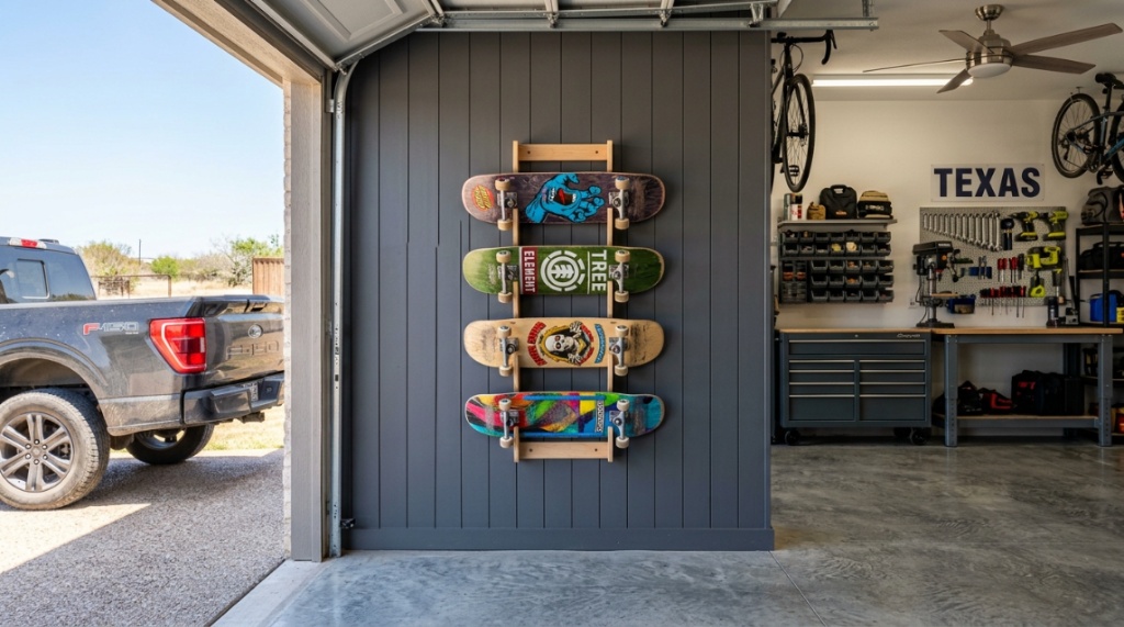 Four skateboards mounted horizontally on a minimalist wooden rack inside a bright garage.