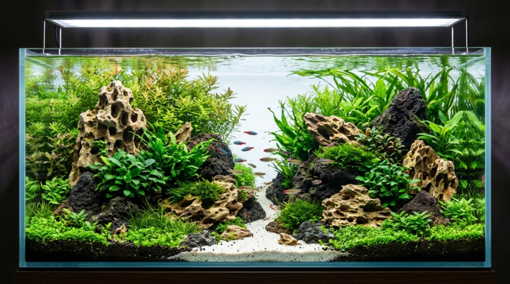 A vibrant freshwater aquarium showcasing affordable Texas holey rock and lush aquatic plants.