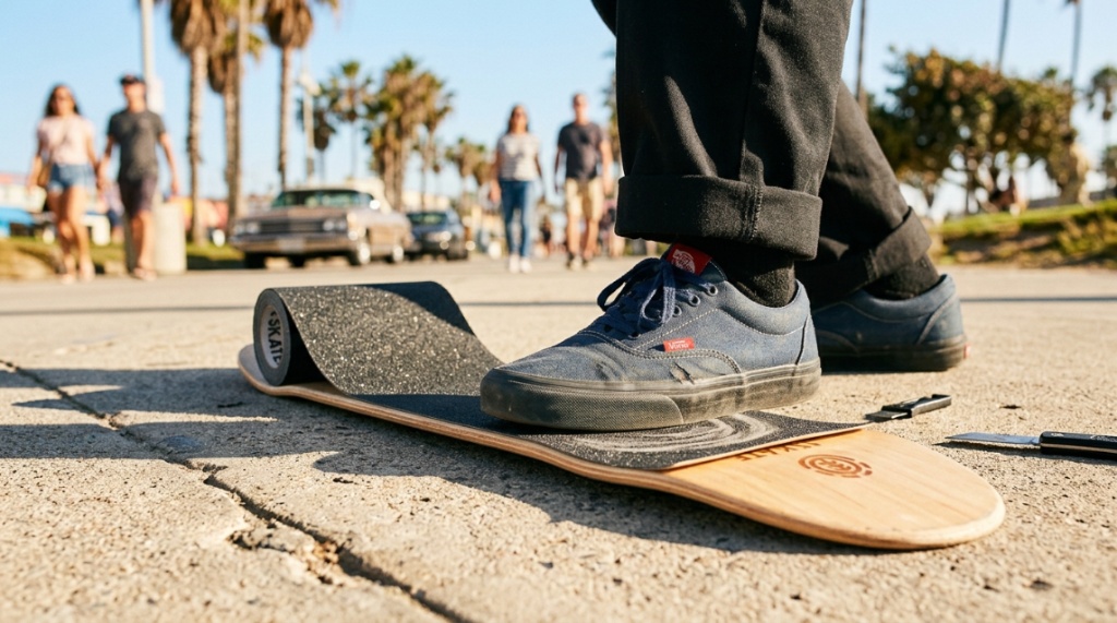 Skateboarder applying budget grip tape to a skateboard deck in California.