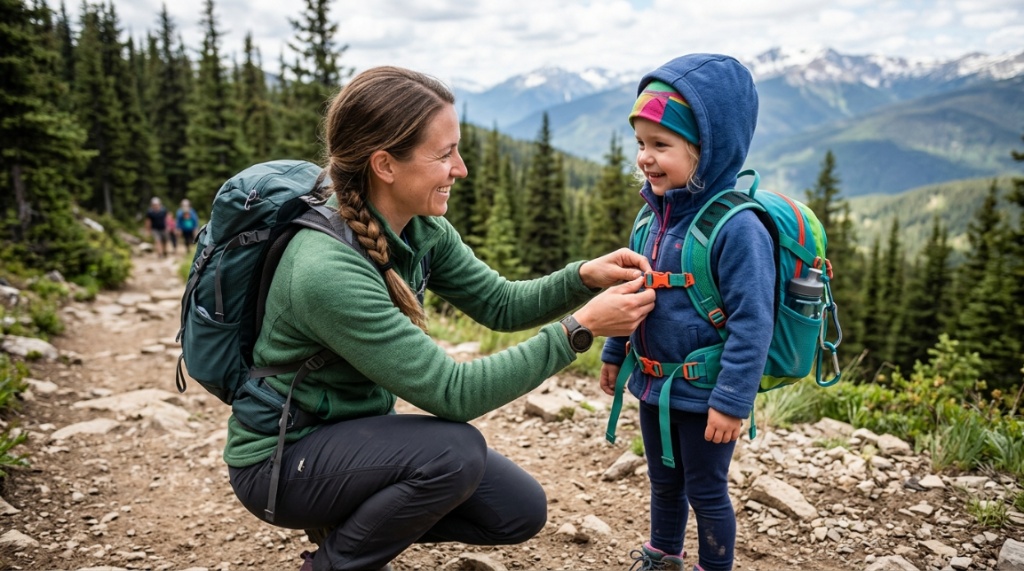 Parent adjusting the straps on a child's hiking backpack outdoors.