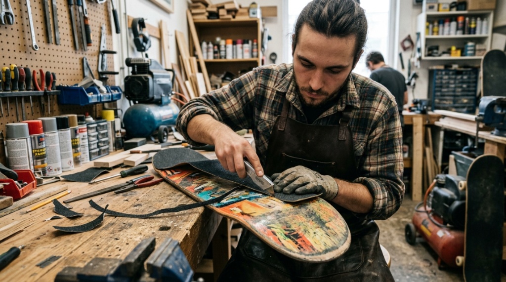 Person carefully cutting excess grip tape along skateboard deck edge.